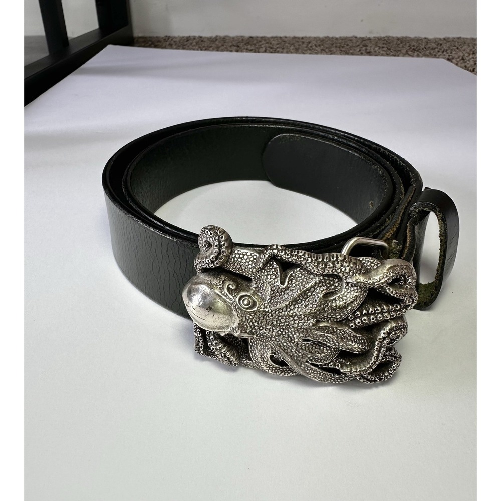 Artisan Handcrafted Octopus Black Leather Belt Adjustable 41"